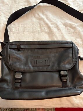 Coach Black Perforated Flap Leather Laptop/Messenger Bag.